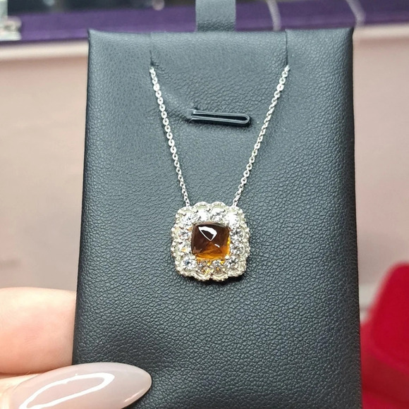 Cherry Citrine & Natural White Zircon Halo Pendant Necklace - Picture 4 of 7